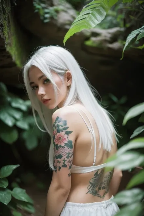  1 girl, Alone, white_hair, Tattoo, cave, Lush greenery, flower, beautiful,  idyllic, Sublime,  absurd,  hyperrealism , textured, maximum_ Details,  DSLR  