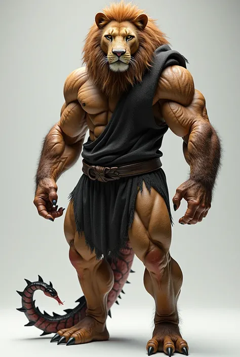 (( best quality)), ((  masterpiece )), (detailed), 1 ,   shoulderless sweater, 

 Ultra-realistic humanoid hybrid creature with the muscular constitution of a powerful human ,  combining characteristics of a lion and a Sucuri snake . The creature has an in...