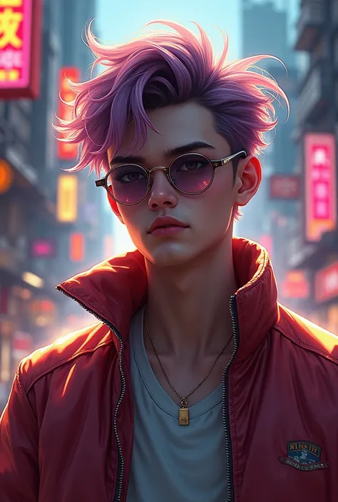 Cool boy，Handsome signature look，Unique hair color，Dazzling colours，Cool action，The background is full of energy，Frenzied streets，Light and shadow interlace，streetart，Fashion LOGO。