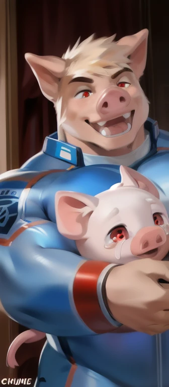   Living with a Pig Baby​ crying  , Big man., sleepless,​Hell Room. ,pig , Hugging a baby pig , heavy  เกินพิกัด,   muscle bound , Blue Military Spacesuit, I opened my mouth and wanted to eat baby pigs..,Red eyes, by chunie  