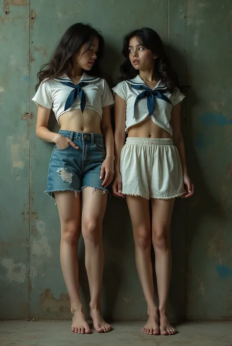 ( photorealism:1.2),  Two Very Young Girls , elementary school students ,  Big Breasts ,  Lying with their backs to the ground,  Torn and Clear Female Uniforms ,  legs, Frightened face, In an abandoned warehouse, QUALITY AND SUPER REAL ...,  IMPRESSIVE NSF...