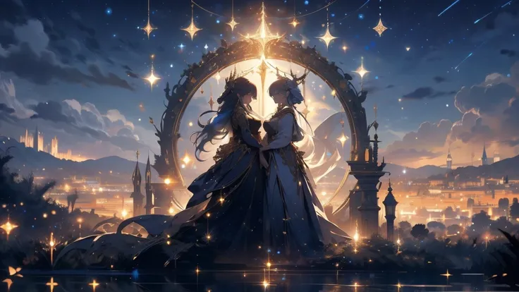 4K quality:1.2, Very Beautiful Illustration :1.2,Two elegant women standing close-up beneath a starry sky, with a glowing harp positioned between them. One gazes at the harp with a serene expression, while the other looks toward the shimmering constellatio...