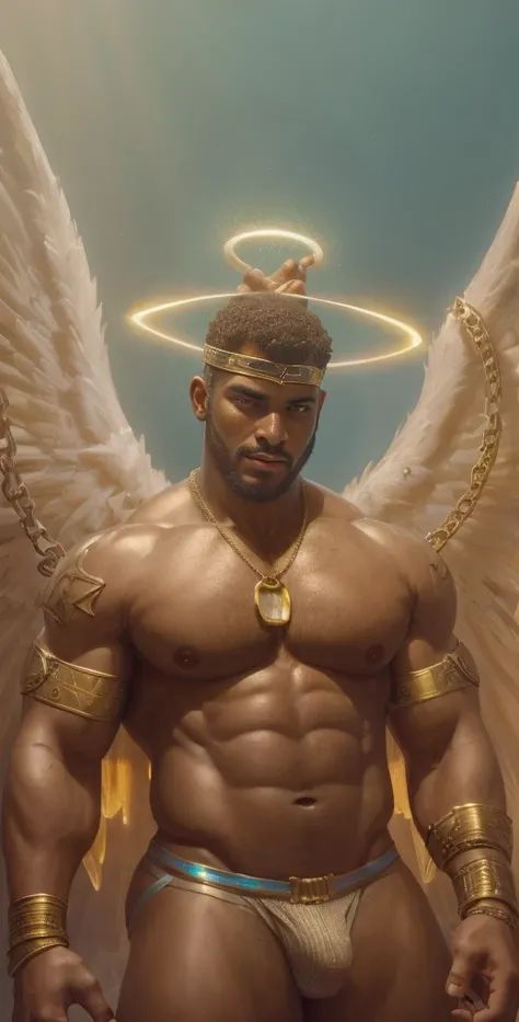 photo of muscular (41y.o African American angel stereotypical) in a worn ((skin-revealing Arabian outfit, armbands, wings, halo, wristbands, massive chain tag necklace, jockstrap, mixed up with blessed tech:1.2)), big pecs, big arms, large bulge, ((light b...