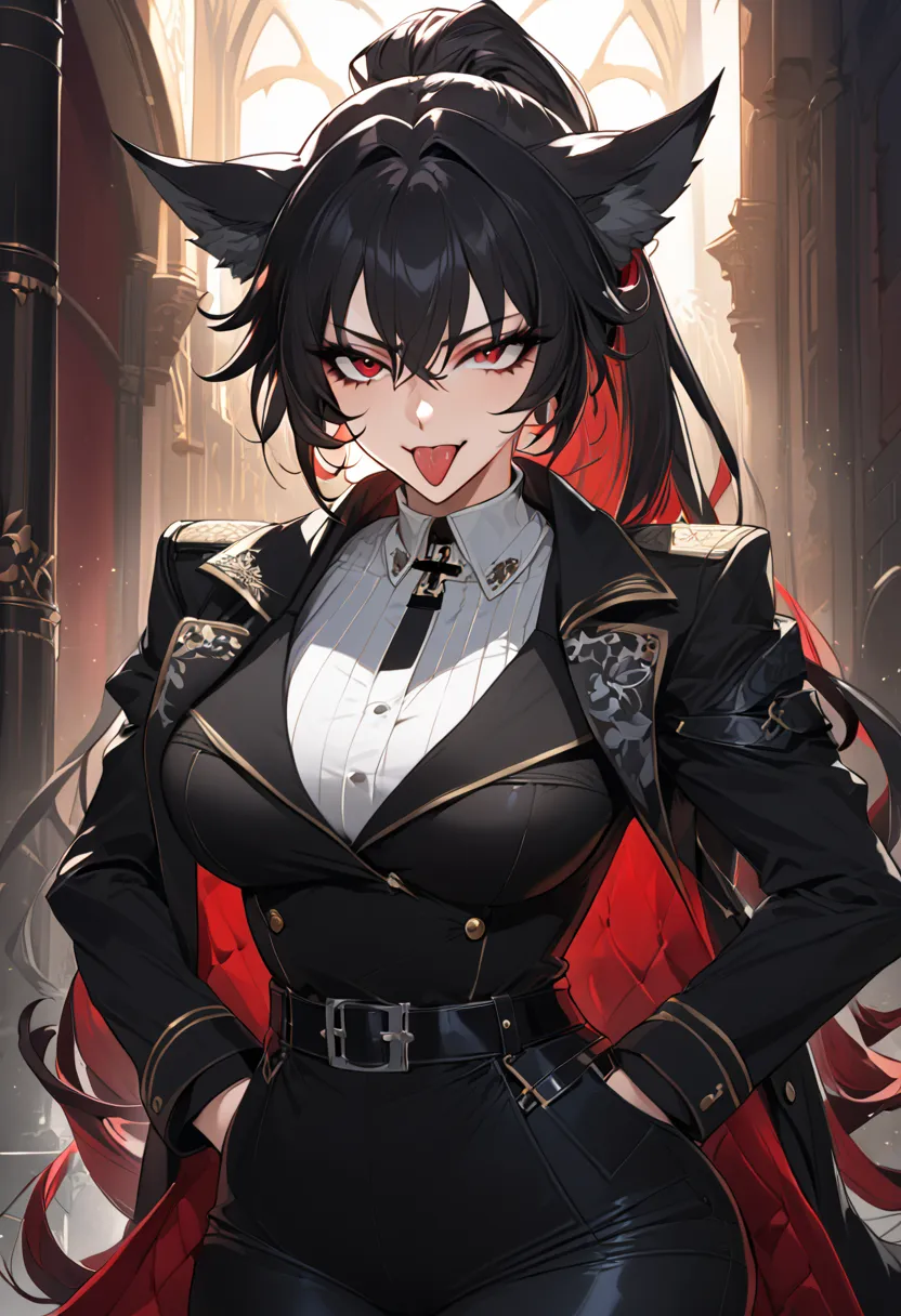 beautiful anime woman wearing a black military trench coat, tight black jeans pants, wolf ears, wolf tail, half wolf and half hu...