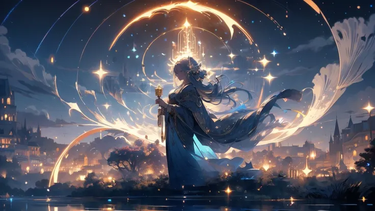 4K quality:1.2, Very Beautiful Illustration :1.2,A beautiful woman standing near a glowing harp under a crescent moon and a starlit sky. The harp’s light reflects off her flowing hair, and her serene face is illuminated by the celestial glow. The backgroun...