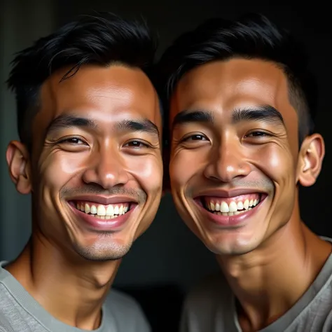 photography realistic. Picture of a pair of smiling Indonesian mans eyebrows