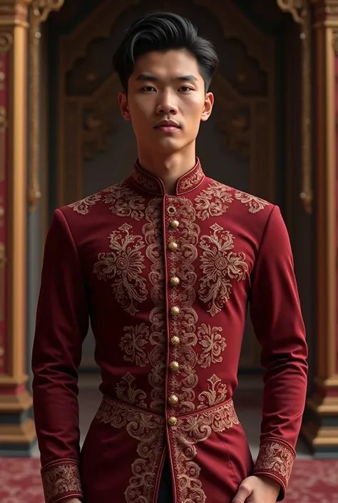 20 year old Indonesian man, wearing formal Javanese palace attire. Tight maroon beskap shirt.