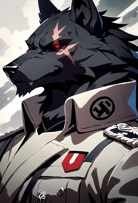  anthropomorphic black wolf wearing all black nazi military uniform, detailed black fur, scar on eye, red eye color, evil, villain, sexy, masculine, cold smile expression, intimidating, light novel art, wearing a black military trench coat, handsome black ...