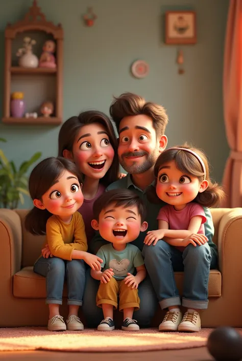  Pixar style: family, a father,  a mother , two girls and a boy. a  girl ,The other  girl and the chubby 16-year-old boy . a nice and happy family  .