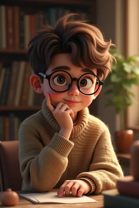 Brown-haired boy with a sweater and black glasses 