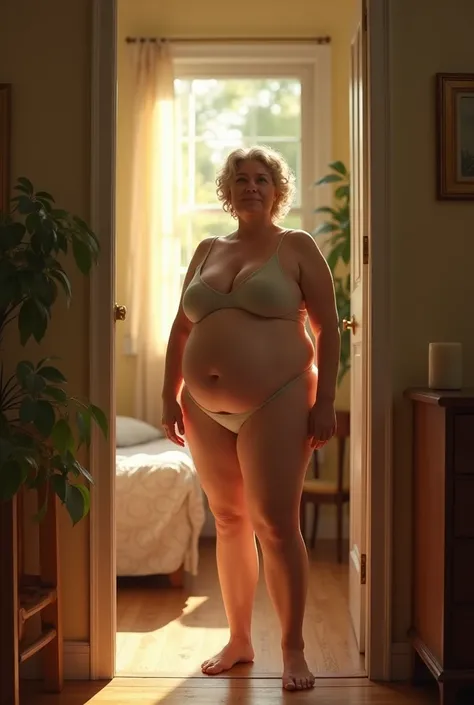 (photorealism:1.2), plain middle aged woman, wide hips, short and chubby, pale skin, standing in bedroom doorway, wearing a bra and panties, large breasts, shortcurly hair, indoors, soft lighting, plants in background, window with sunlight, cozy room, rela...