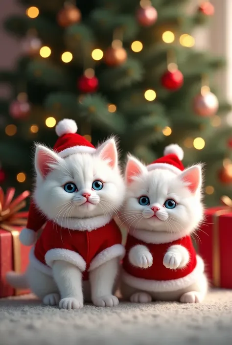 A charming family of fluffy white kittens with bright blue eyes, standing upright on their hind legs, dressed in adorable Santa Claus outfits. They pose cheerfully in front of a beautifully decorated Christmas tree glowing with festive lights and ornaments...