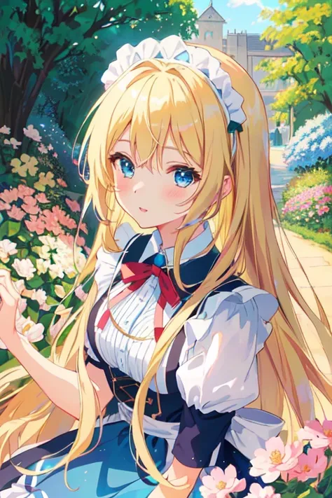 Top quality, Blonde long blue eyes anime girl in flower garden, BREAK wearing maid dress,mini skirt,Big red ribbon,wearing maid dress, Cute girl anime visual, Splash art anime loli , Anime moe art style, Official artwork, Blonde long anime girl, Arthur Pen...