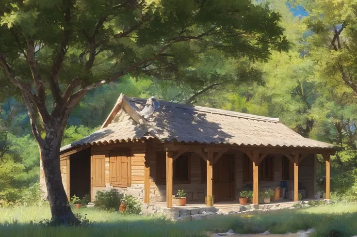 ground level, masterpiece painting, best quality, high quality, extremely detailed, a simple small mudbrick and straw cabin in the peloponnese, surrounded by deciduous forest 