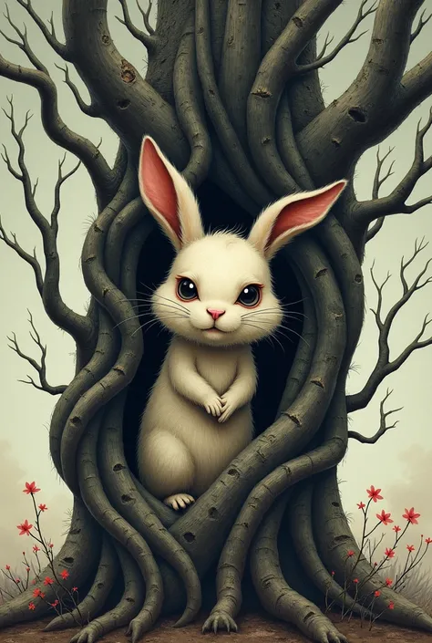 sad rabbit stuck in the branches of a tree color drawing