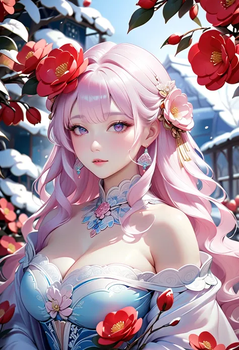   1girl,(  snow  ,ice),  blooming camellia bushes   ,in winter  , white hair ,shiny hair,  wavy hair ,   in beautiful hanfu fantasy ,frill  ,lace,curvy ,off _shoulder,  hair clip  , curved , masterpiece,telephoto lens,absurdity, Refined facial features,(Cu...