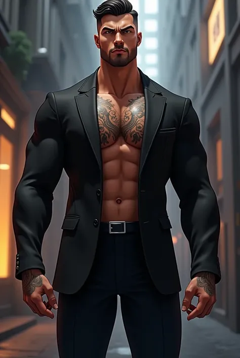 Tall handsome man, dominant, tattoos, big pecs, wearing a black suit, animated, 