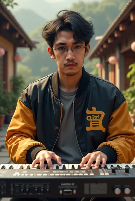 Asian man, wearing glasses, wearing a bomber jaket with the words "AIZIL AI", wearing medium trousers on the terrace of a village house while playing the keyboard with his face facing the camera