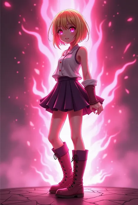  A character from a book ,  she is a blonde girl with short shoulder-length hair with pink eyes, dressed in knee-length boots and a short skirt ,  her age is approximately 23 years old and is surrounded by a threatening pink aura , 