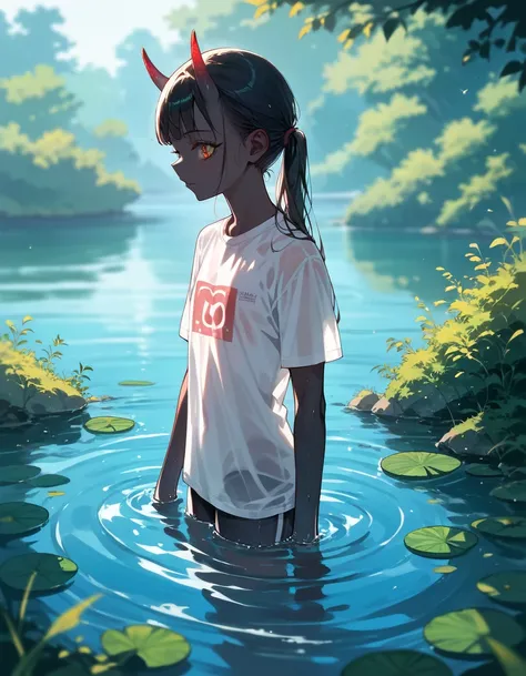 (Masterpiece), (best quality), (high quality), Anime, in water, perfection, detailed, 1girl, demon girl, black skin, (loli:0.9), beautiful girl, see through t-shirt, best quality shadows, highest resolution, 4k