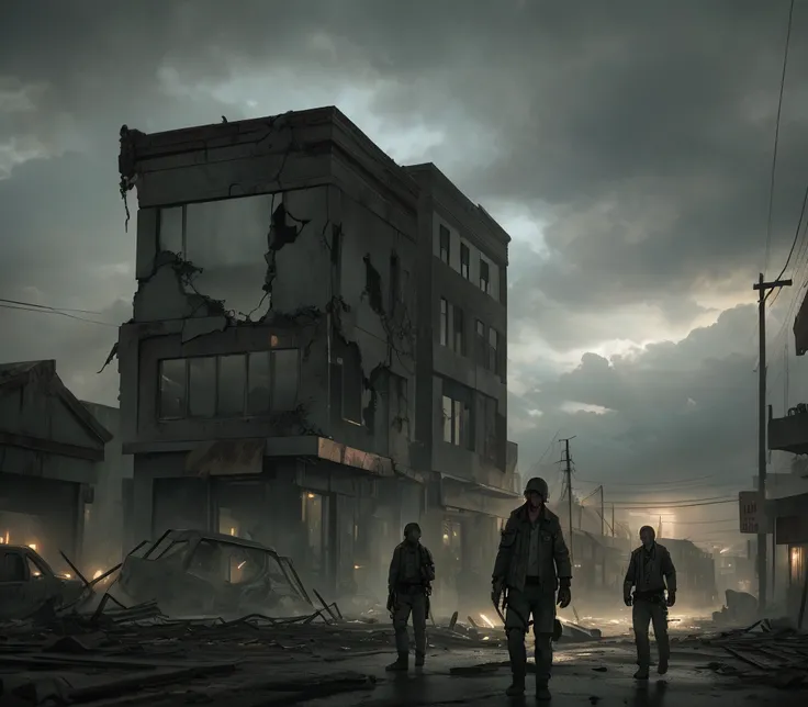 a small town with stores destroyed by zombies, broken windows, overgrown vegetation, cloudy dramatic sky, moody lighting, dystopian post-apocalyptic atmosphere, cinematic composition, muted colors, gritty realism, unreal engine, 8k, photorealistic, highly ...