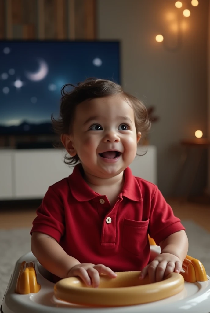 A very far spacious photo of a baby Hardin Scott 6 months old Latino round cheeks wavy hair on one side brown blue eyes wearing a red polo shirt sitting on a walker in a beautiful modern room with gray walls with TV on the wall with a wooden wallpaper at n...