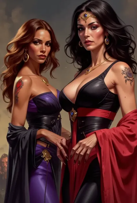 two women in their thirties ,  different races , different haircuts , random hair color,  very beautiful seductive tight clothing , body curvy fitness , ardent seductive looks randomly dressed from medieval history that you can see the faces close up and t...