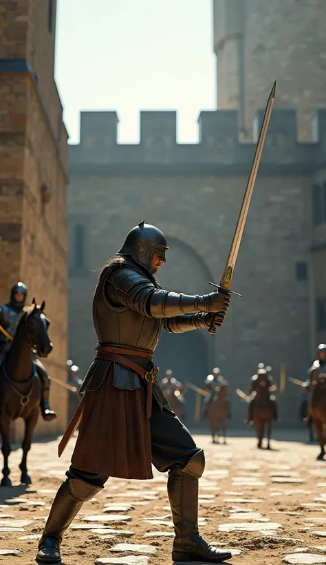 "A medieval squire training with a sword in the courtyard of a castle, wearing leather armor, a large stone wall in the background, knights on horseback patrolling, other soldiers practicing combat, weapons scattered on the ground, bright sunlight casting ...