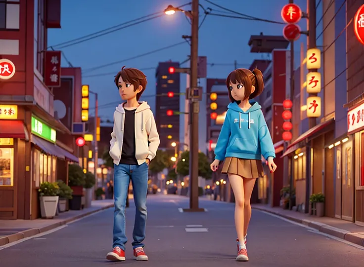  creates a 3D anime-style image of a Japanese couple 。The back silhouette is softly illuminated by neon signs and streetlights、 The man in a casual hoodie and jeans has short brown hair 、 A woman dressed in a flowing short skirt and hoodie has short brown ...