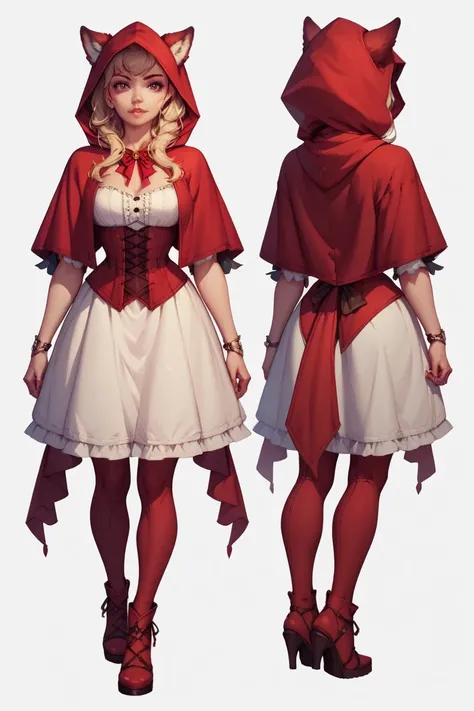 Solo, 1girl fusion wolf, little red riding hood, full body, White Background, Character Design Sheet, many views