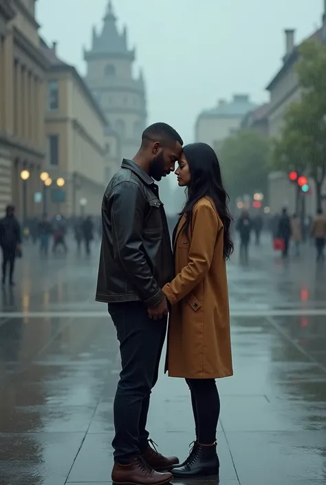 A black man with short short hair, fat and short stature with a white woman with black hair of the same size in a square with rainy weather.