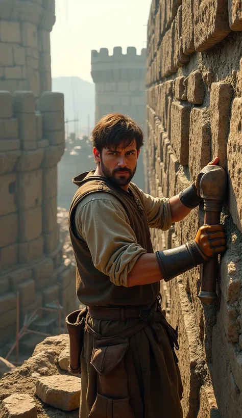 "A medieval laborer repairing the stone walls of a castle, wearing a rough linen tunic, carrying a hammer, chiseling stone, scaffolding in the background, the towering castle wall, sunlight shining through the gaps, other workers in the distance, photoreal...