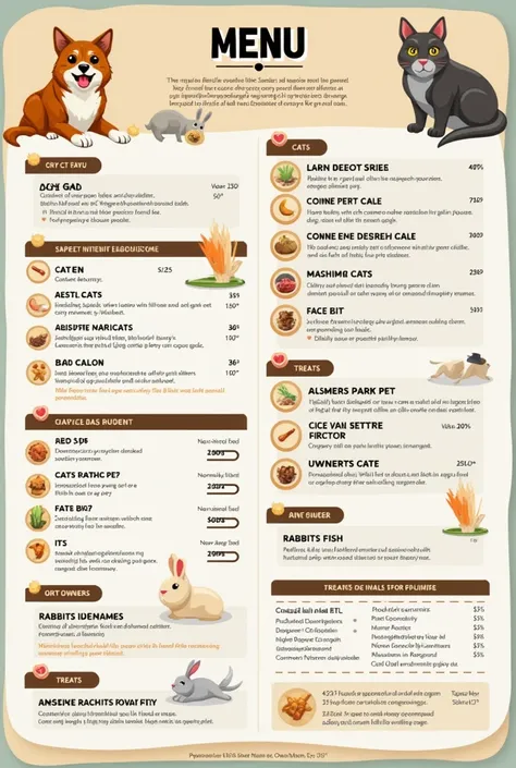  Generate a single menu that provides food alternatives for both dogs, cats, rabbits and fish .