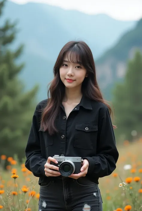  A beautiful Korean girl with long hair bangs thin smile with  , wear black flannel shirt  ,  black jeans with torn pattern  , wear white sneakers  , located in a beautiful mountain range  ,Handheld camera  ,  against the background of green trees shaded f...