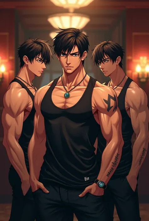 a group of hot muscular young anime mafia boy with small tattoos are smirking and they are wearing a tanktop and a necklace Masterpiece, 