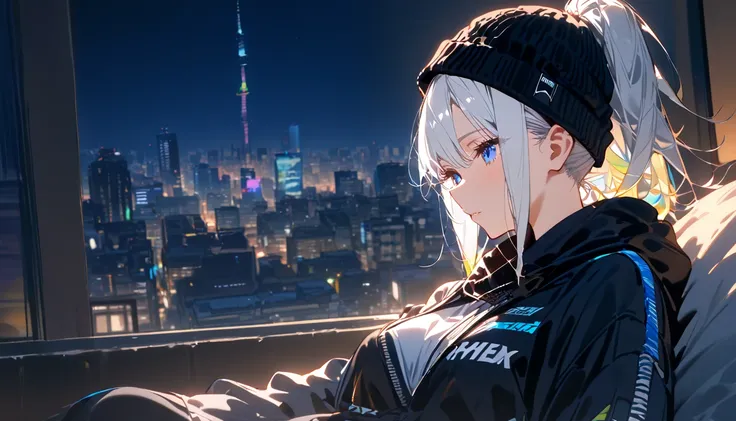 HD 8k Handsome sexy-cute, 1 Human focus female Medium Length Rainbow hair white hair Ponytail, blue eyes, looking away (highest quality, sexy aesthetic:1.2), Beanie, Background is Relaxing stile, vibrant, chill cityscape, night,