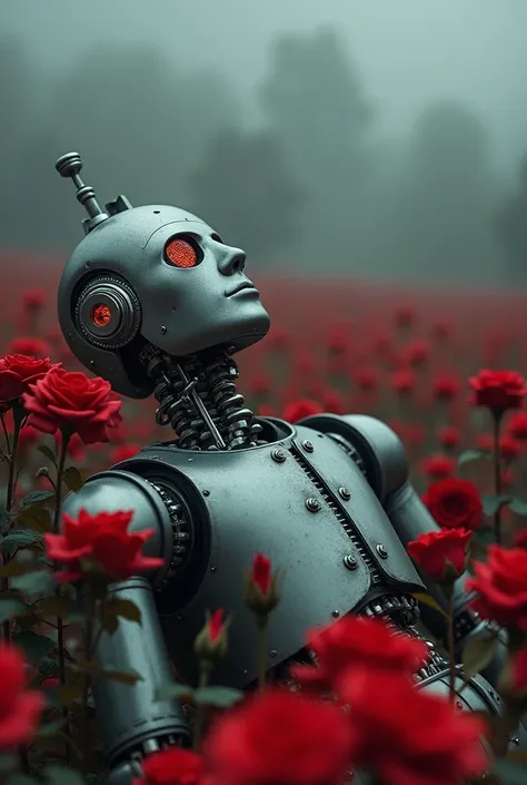  Futuristic tin man from the 80s with the eyes of a thousand eyes lying on a field of red roses, Cloudy skies and raining blood 