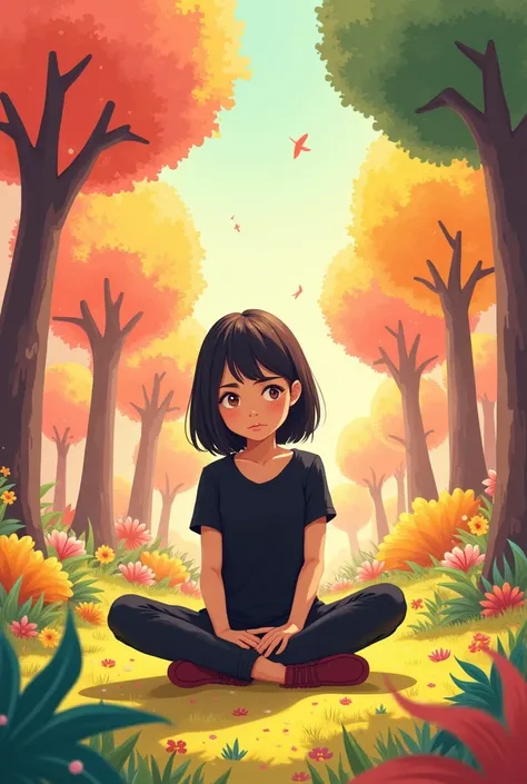 " Imagine a digital illustration in 2D style (cartoon style) of a fantasy world , Fantastic, vibrant and enchanting ,  filled with cheerful colors especially yellow and pink . In the center of the scene, a woman is sitting with her legs crossed .  She has ...