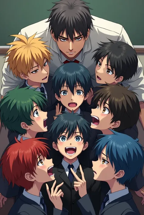 An anime-style art of 7 boys using a teacher for adult things 