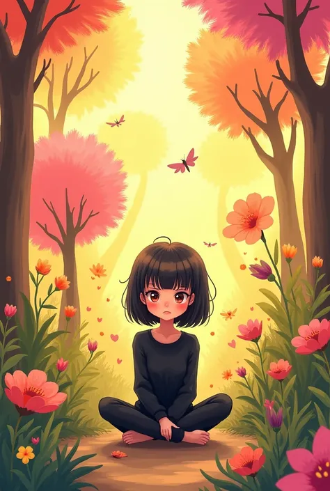 " Imagine a digital illustration in 2D style (cartoon style) of a fantasy world , Fantastic, vibrant and enchanting ,  filled with cheerful colors especially yellow and pink . In the center of the scene, a woman is sitting with her legs crossed .  She has ...