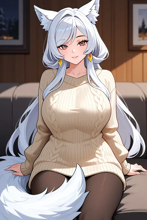 Waifu milf Ice Wolf, HD, high resolution, UHD, with ears and a wolfs tail with sweater, with white hair