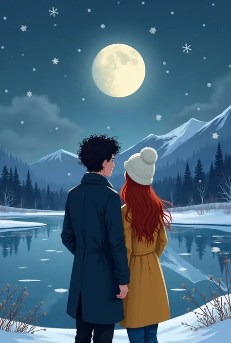 create a cover for a book based on this :  Description of the cover for a romantic book with a winter theme :

 Main Scene :

location: a frozen lake,  seen from a perspective that captures both the characters and the vast landscape around them. It&#39;s n...