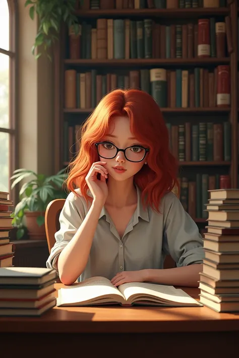 A young red-haired brunette studying at the library 