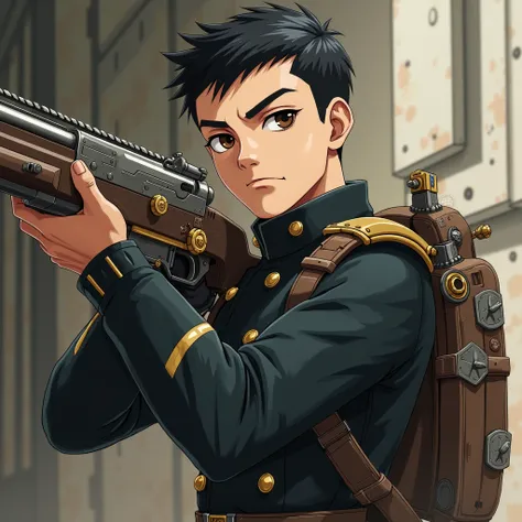 young white man, soldier suit, With a rifle,  short black hair , brown eyes, steampunk theme ,  serious anime style