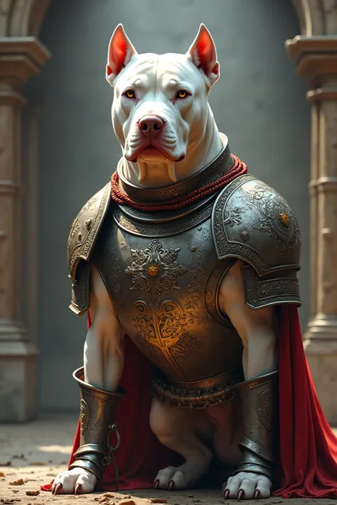 Image of a white red nose Pitbull dog dressed in medieval armor