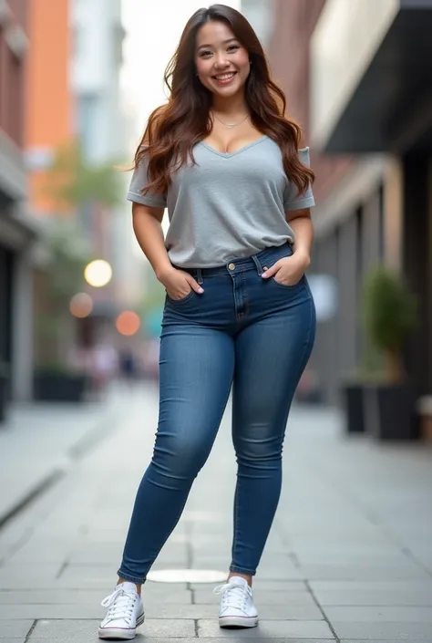 smiling Asian woman with brown wavy hair and thick hips and small ankles wearing the tightest skinny jeans and a light grey shirt and white tennis shoes. standing on a sidewalk