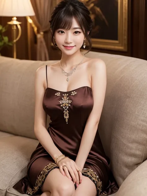 She is a very beautiful and well-styled Japanese woman in a dark night cabaret with romantic lighting wearing a short, silk-length, sexy, tight dress with lots of small jewels sewn with lots of slits and luxurious embroidery、(She has brown eyes and shoulde...