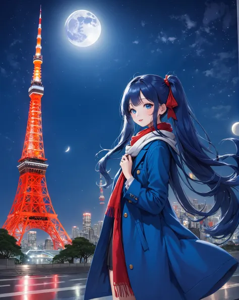 Blue long hair、 Beautiful Girl with Twin Tails 、Full moon night、 beautiful night sky、The big moon in the background of Tokyo Tower、 shooting stars、Blue long hair、blue long coat with red scarf、