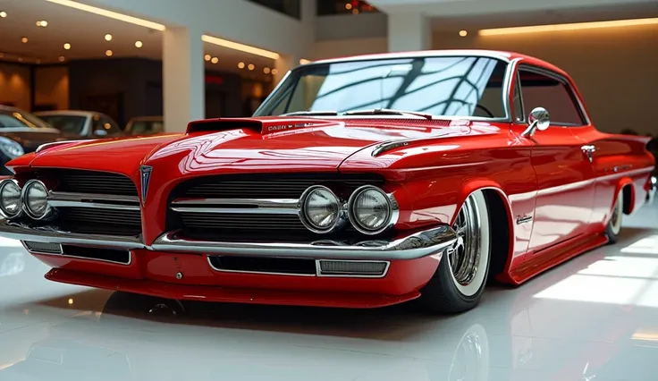 Close full Full Full right view of painted Red  with shiny clour 1962 Pontiac Catalina Super Duty sleek in large shape sedan in large size with Pontiac logo on its large detailed grille in shiny white clour with angular sporty design captured from close Fu...