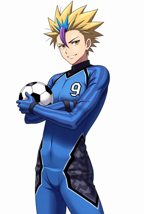 Ryuga Shidou, a 16-year-old anime character and the son of Shidou Ryusei from Blue Lock. He has spiky blonde hair styled upwards with bold blue and purple tips, along with a single strand falling over his forehead. His sharp golden eyes gleam with intensit...